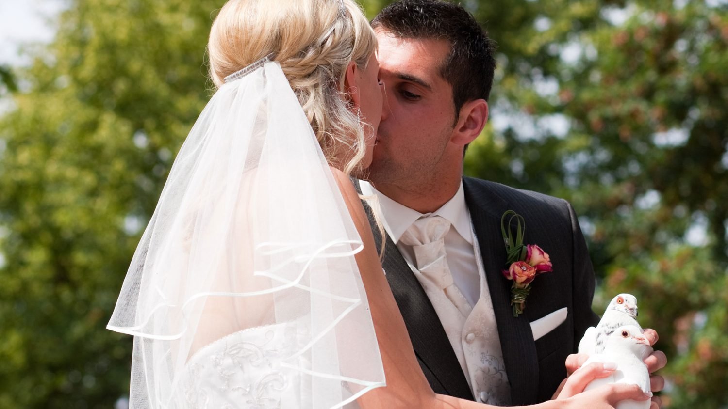 palomas para bodas pareja de novios besándose con palomas en la mano