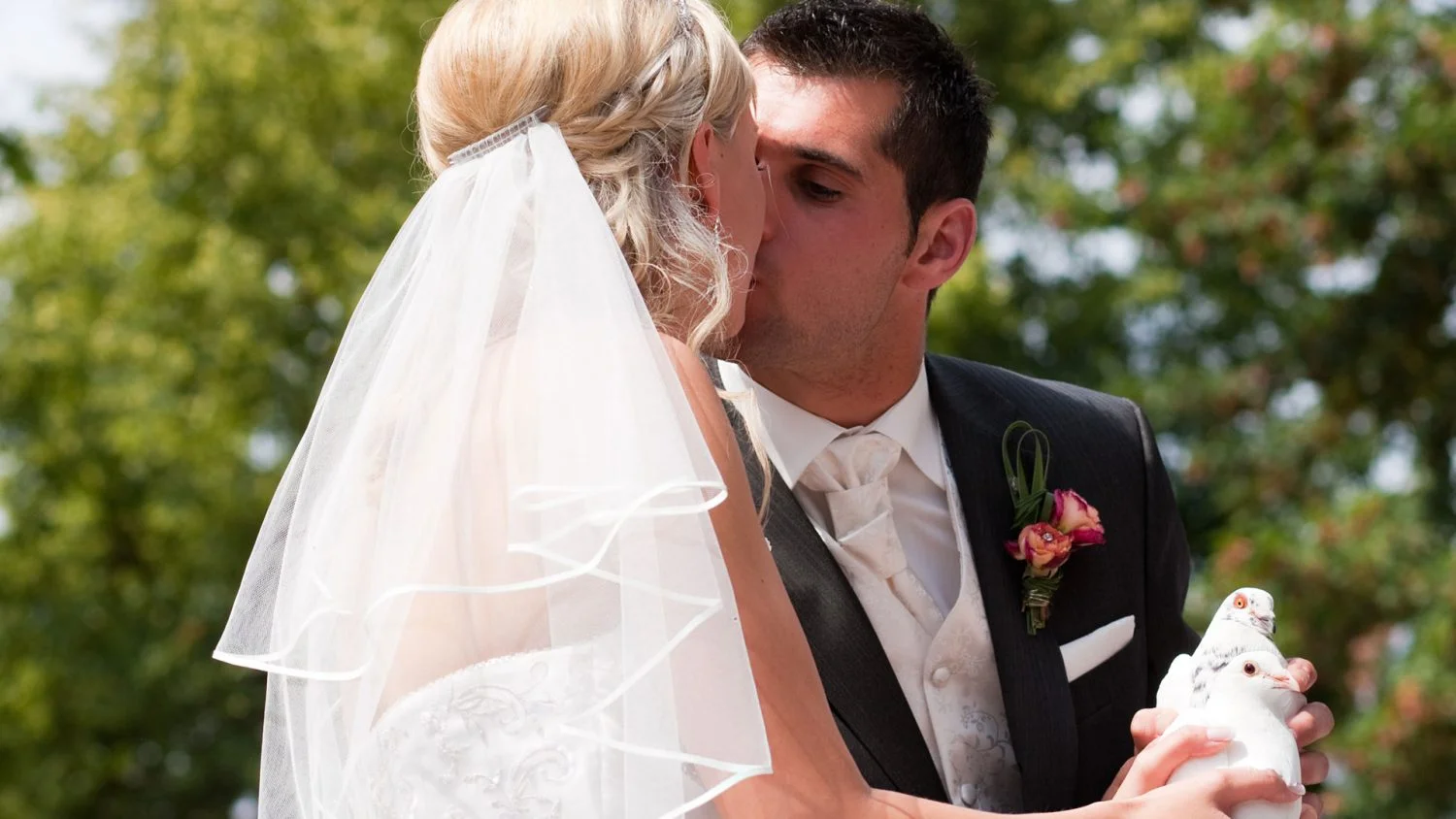 palomas para bodas pareja de novios besándose con palomas en la mano